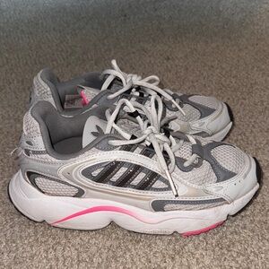 Adidas Gray and White Athletic Sneakers with Pink Accents